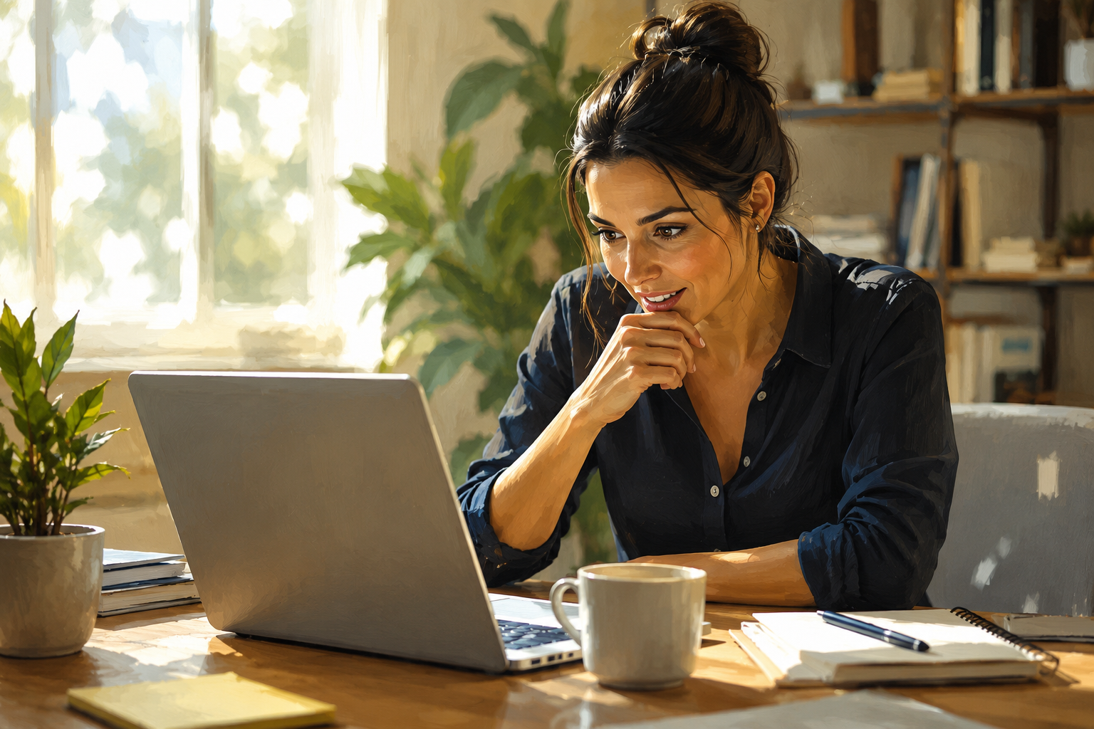 Business owner at a bright desk reviewing a website on a laptop, leaning forward with interest, morning light