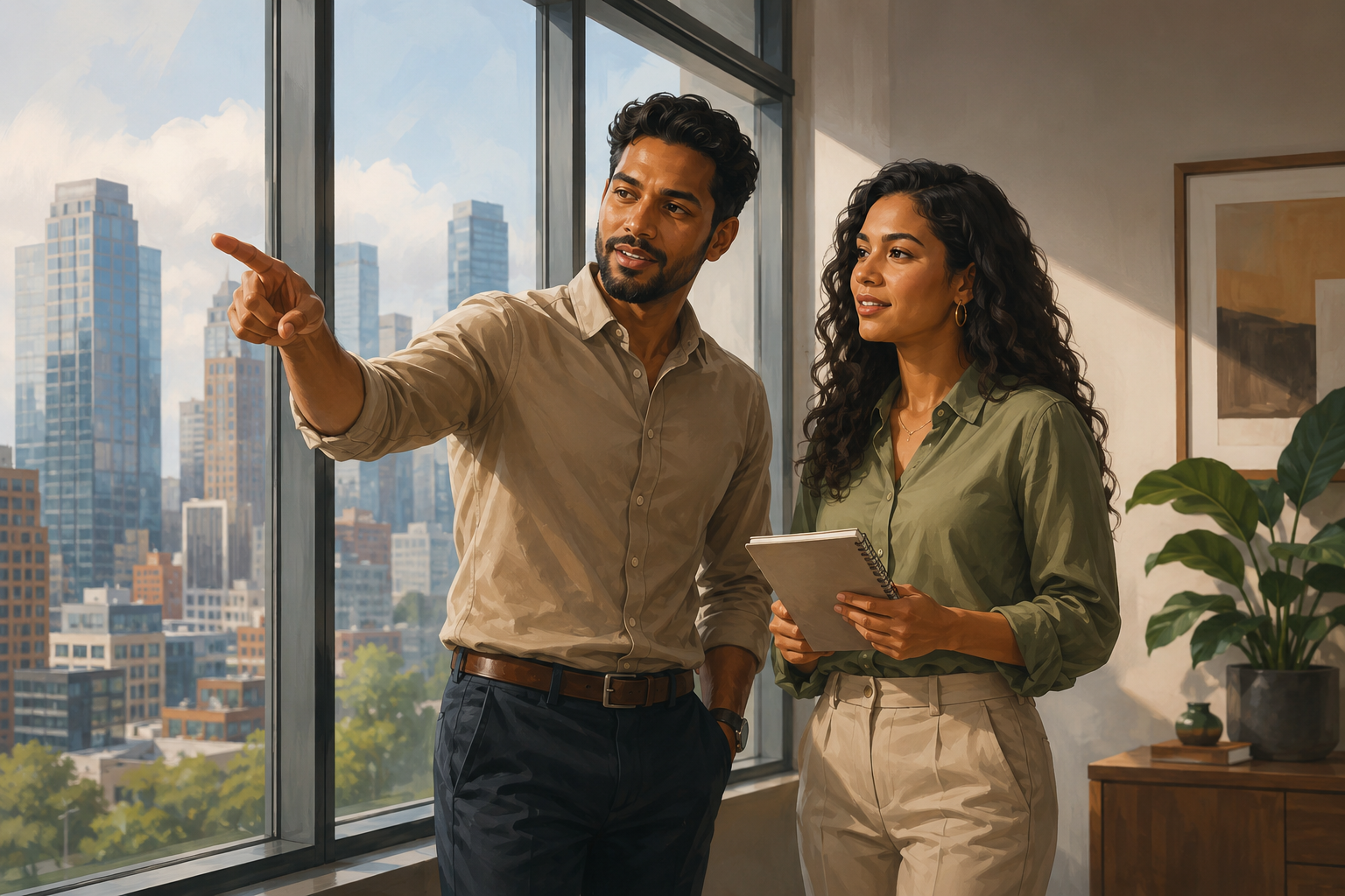 Two colleagues standing near a whiteboard in an office, reviewing growth projections