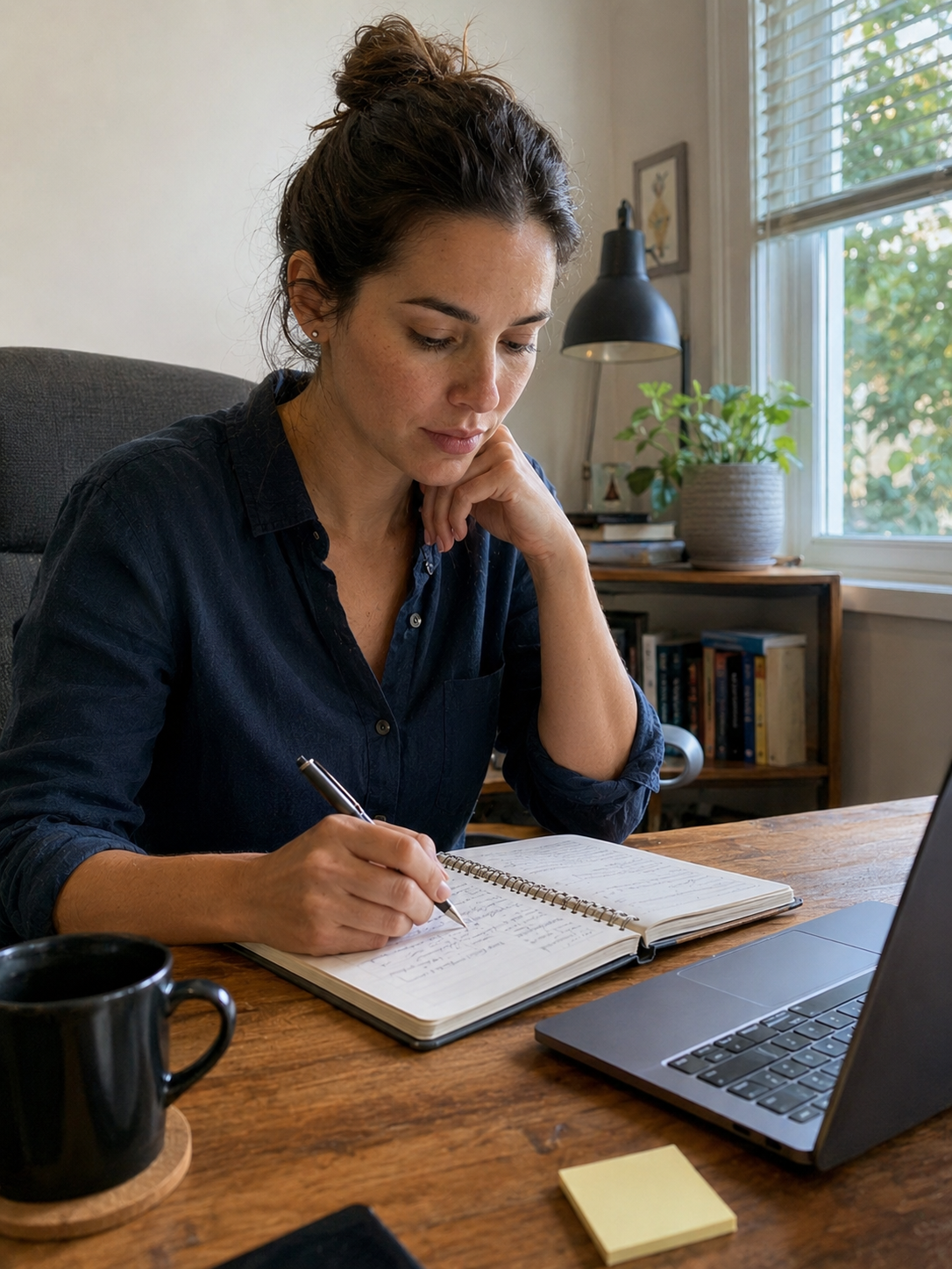 Affiliate marketer reviewing a list of programs in a notebook next to a laptop