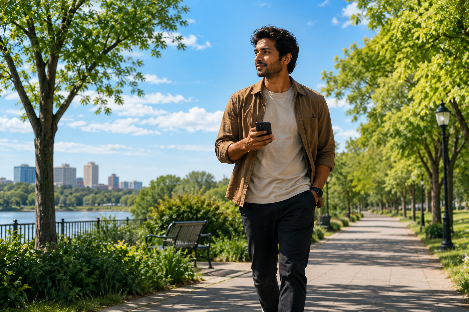 Person walking outdoors along a tree-lined path holding a phone, purposeful stride, open sky and greenery around them