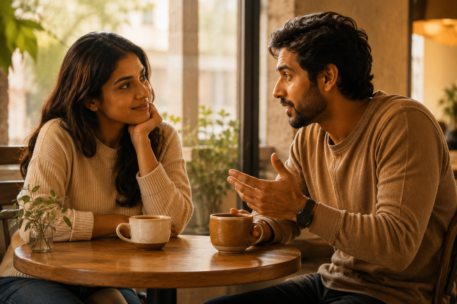 Two people talking across a small cafe table over coffee, one leaning in and listening closely, relaxed and engaged