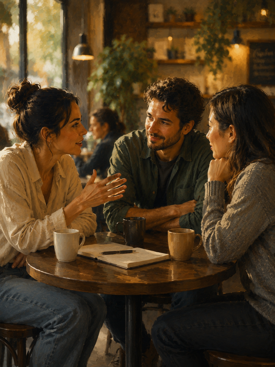 Group of three people gathered around a small table in deep discussion, relaxed and engaged