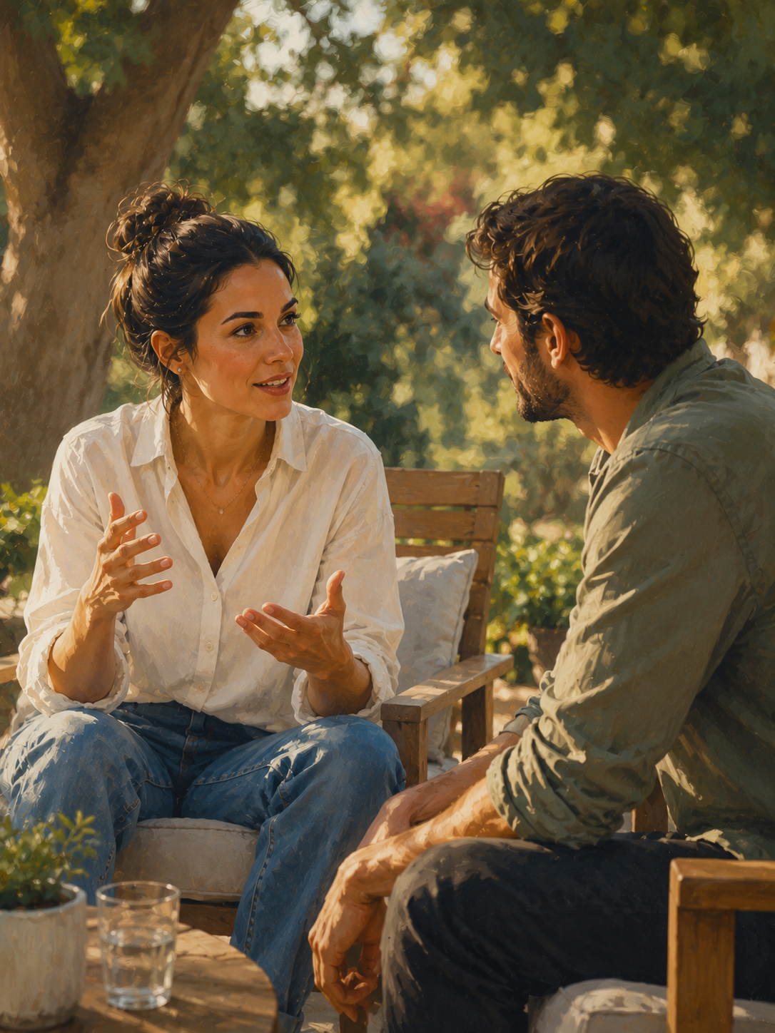 Two people having an animated conversation outdoors, one gesturing while explaining