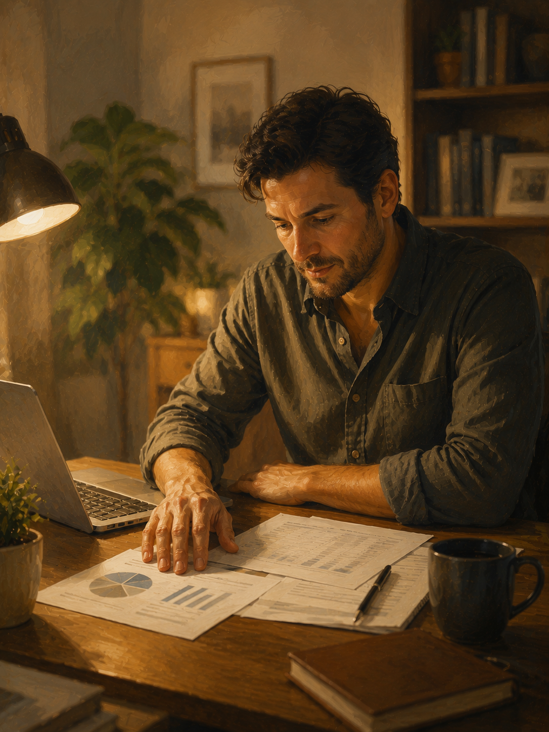 Affiliate marketer at home office reviewing printed reports with a thoughtful expression