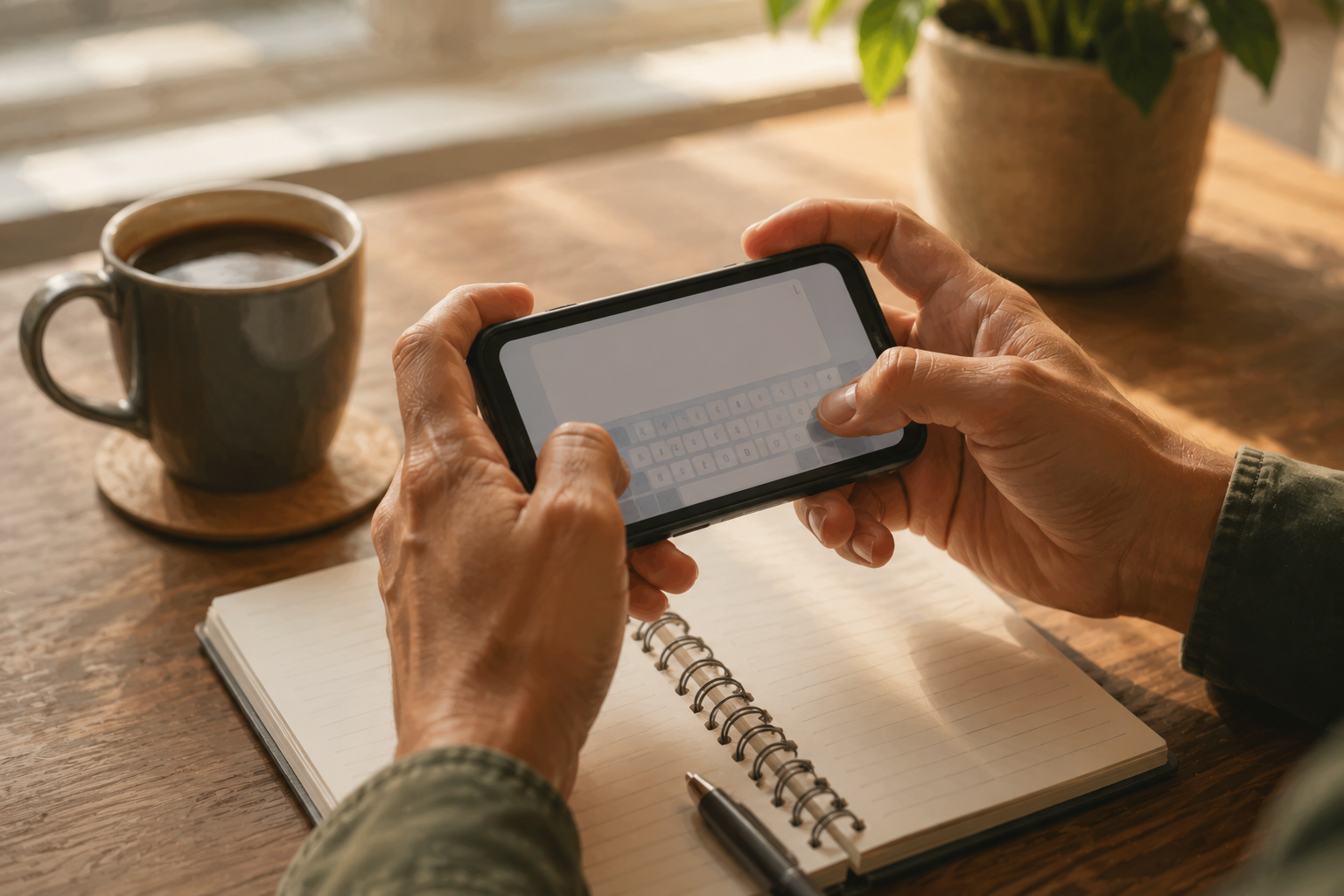Close-up of hands holding a phone showing an Instagram post draft, with a coffee mug and open notebook on the desk