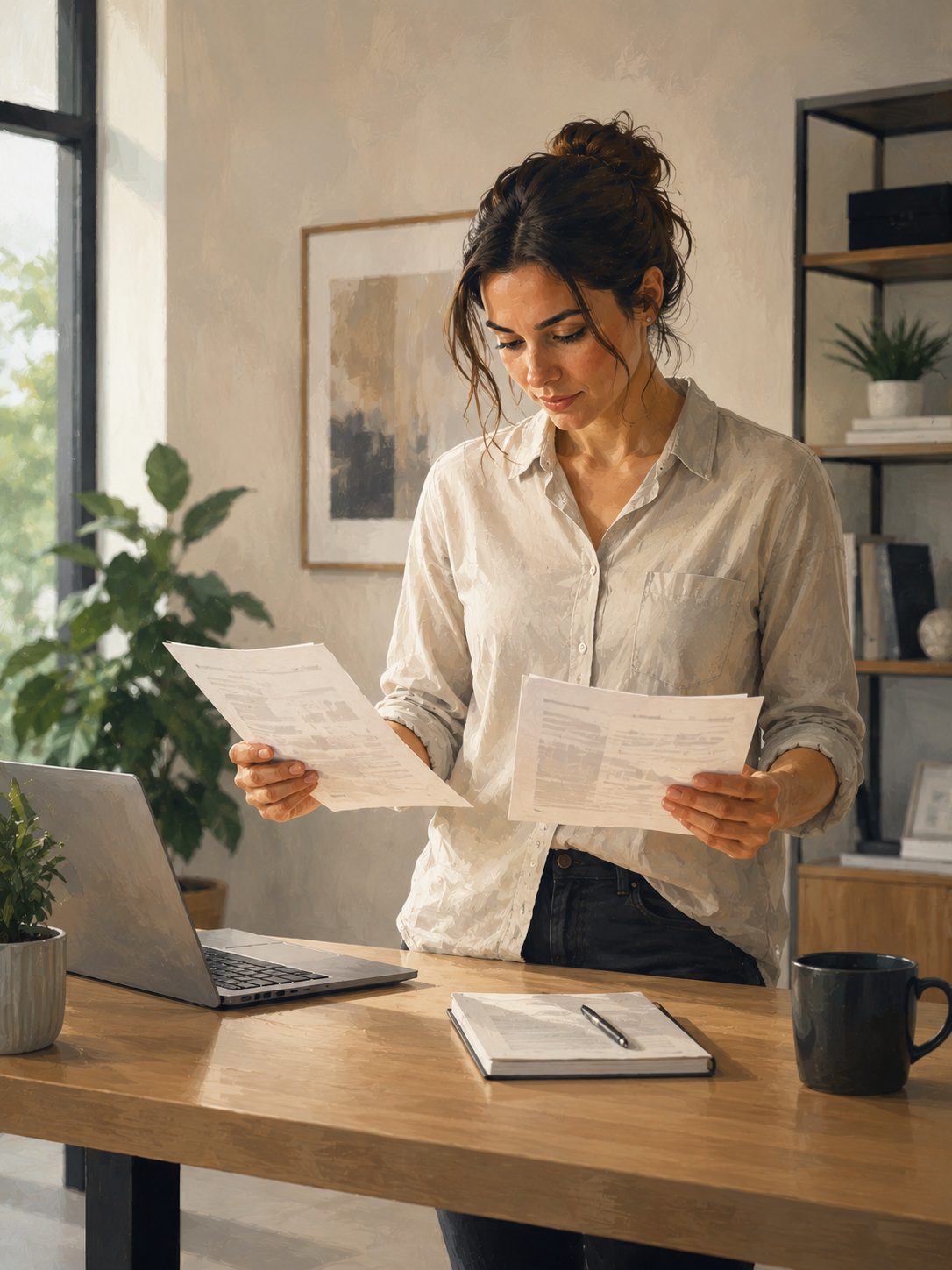 Person at a standing desk comparing different social media platform options