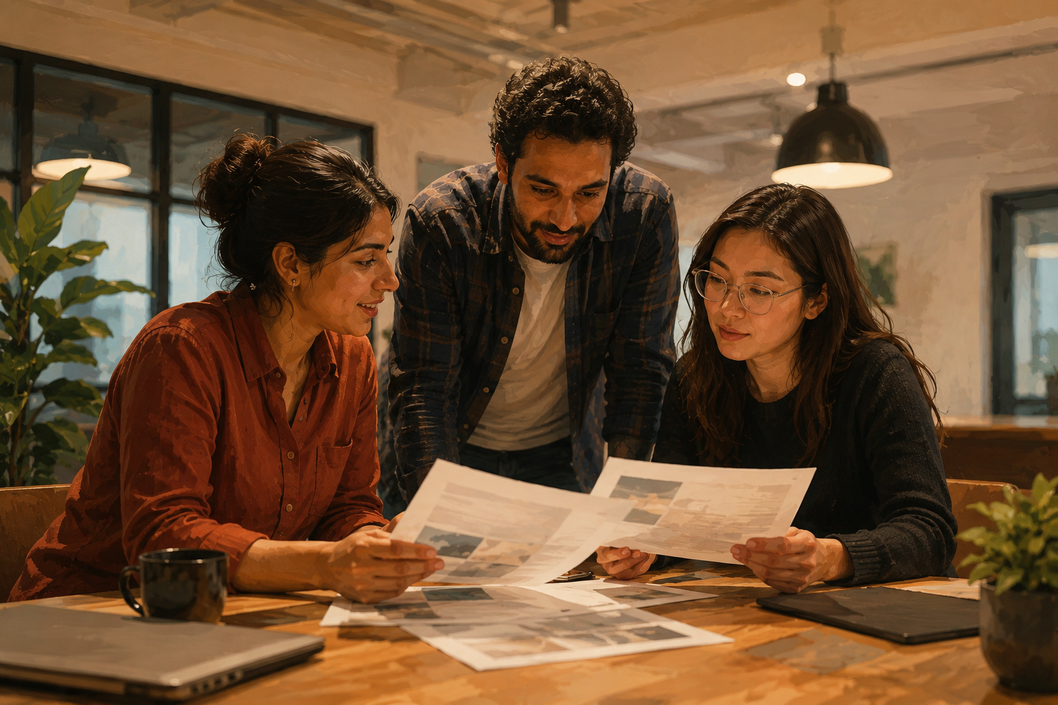 Group of three colleagues in a modern workspace, two seated and one standing, reviewing testimonials on a printed sheet, engaged and collaborative