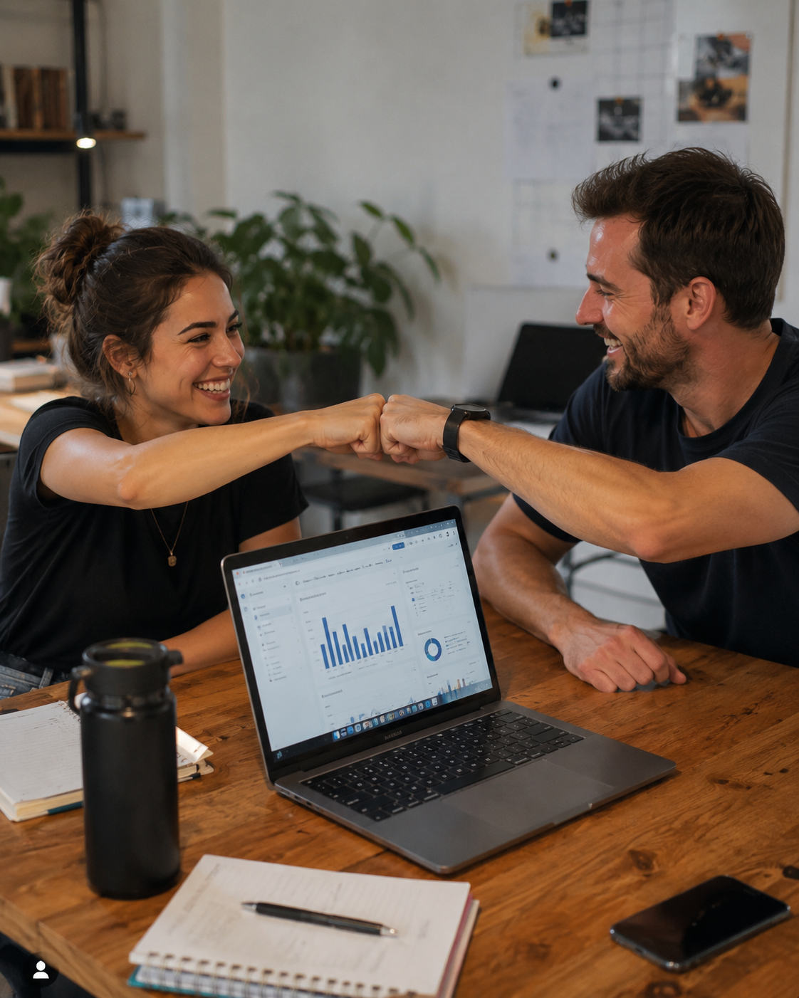 Two people high-fiving in an office celebrating good news on a laptop screen