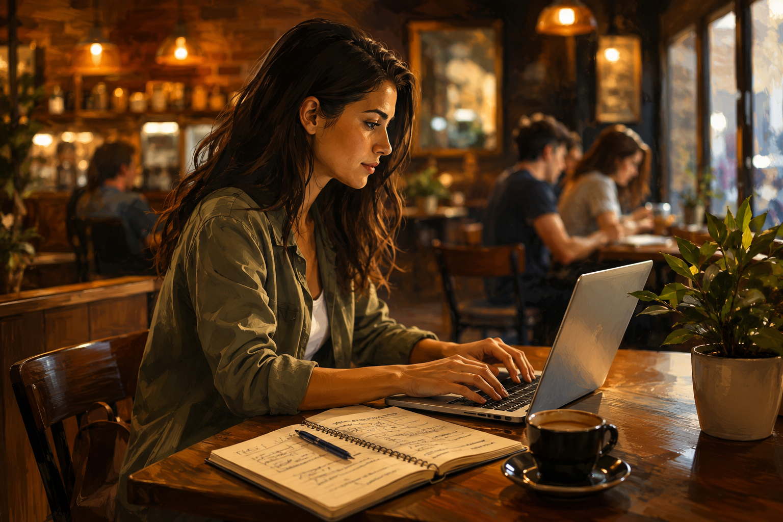 Person typing at a laptop in a coffee shop, building links in a browser, notebook with notes open beside them