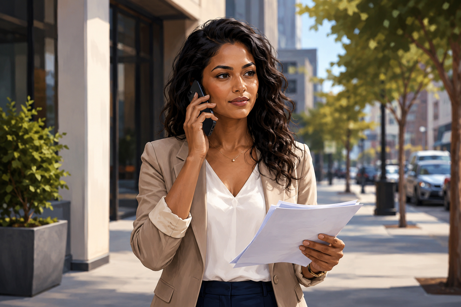 Business owner outdoors on a phone call, reviewing notes in hand, city background behind