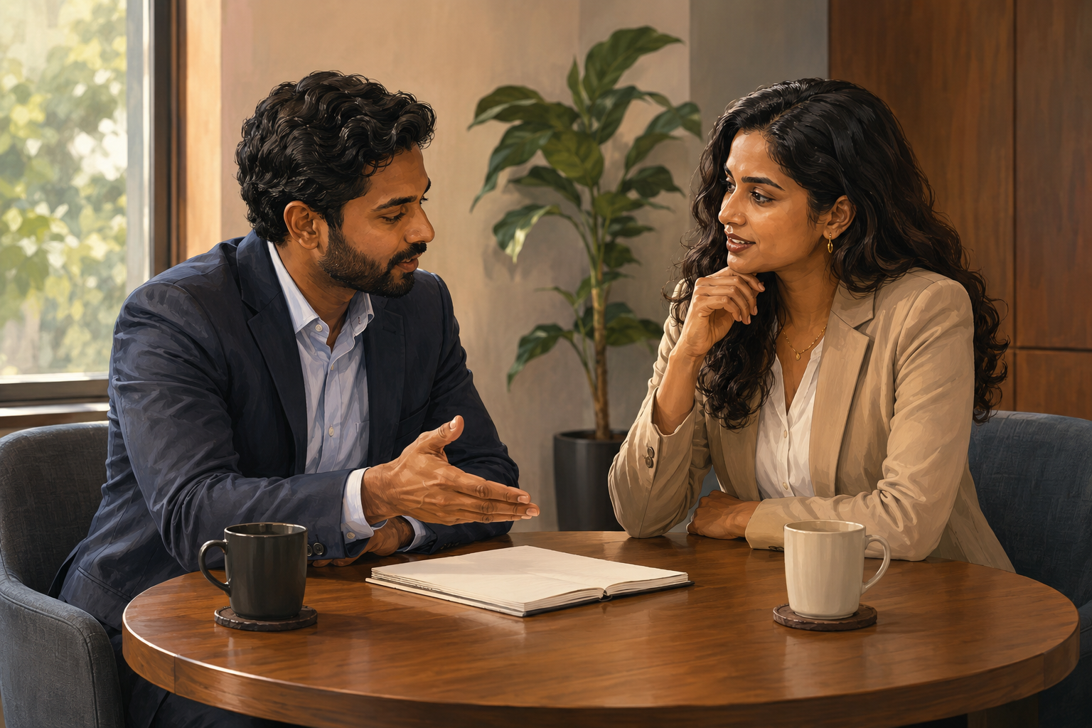 Two business owners in a conference room discussing marketing strategy with charts on the wall