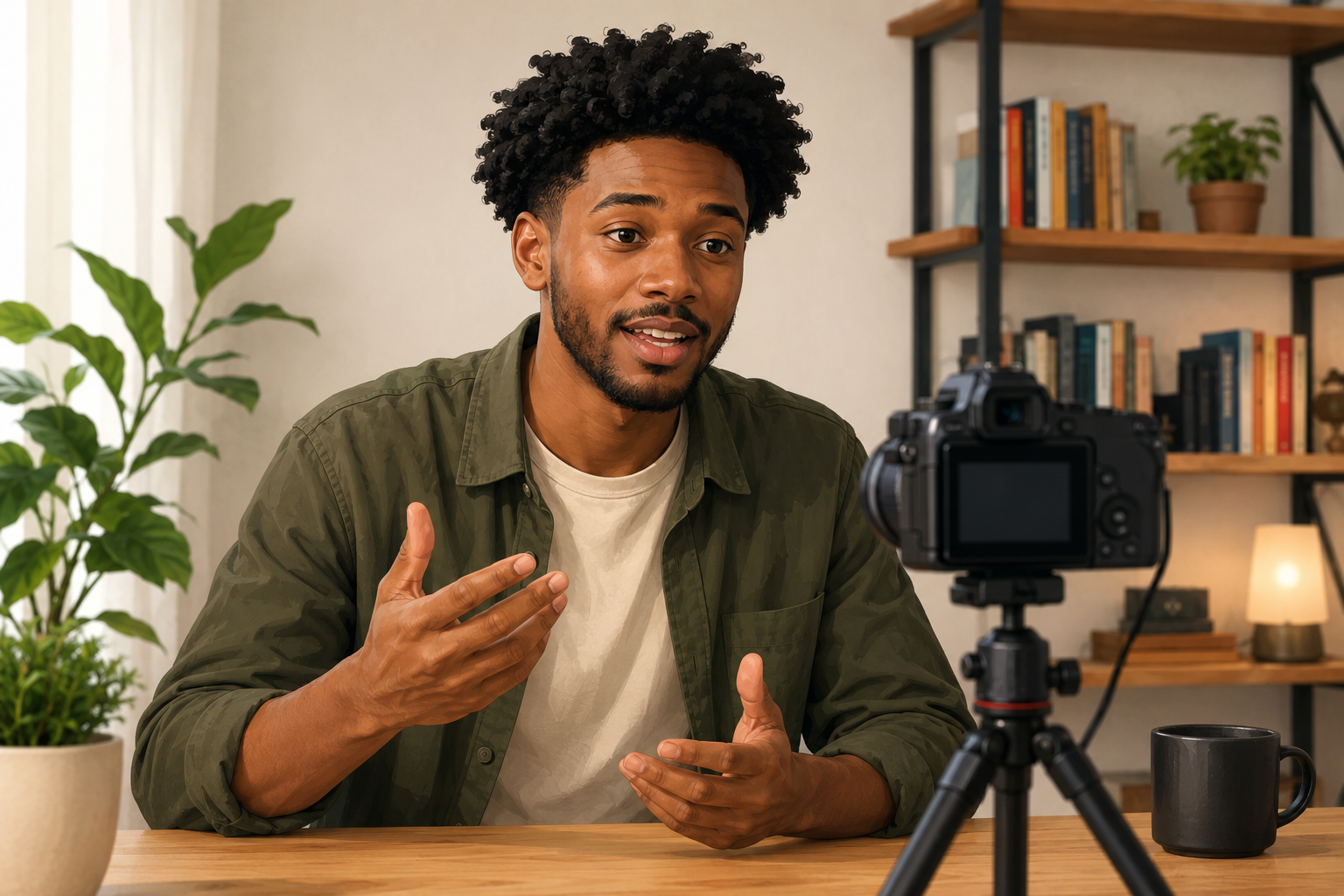 Person recording a YouTube video in a bright home studio, speaking naturally to camera, bookshelves in background