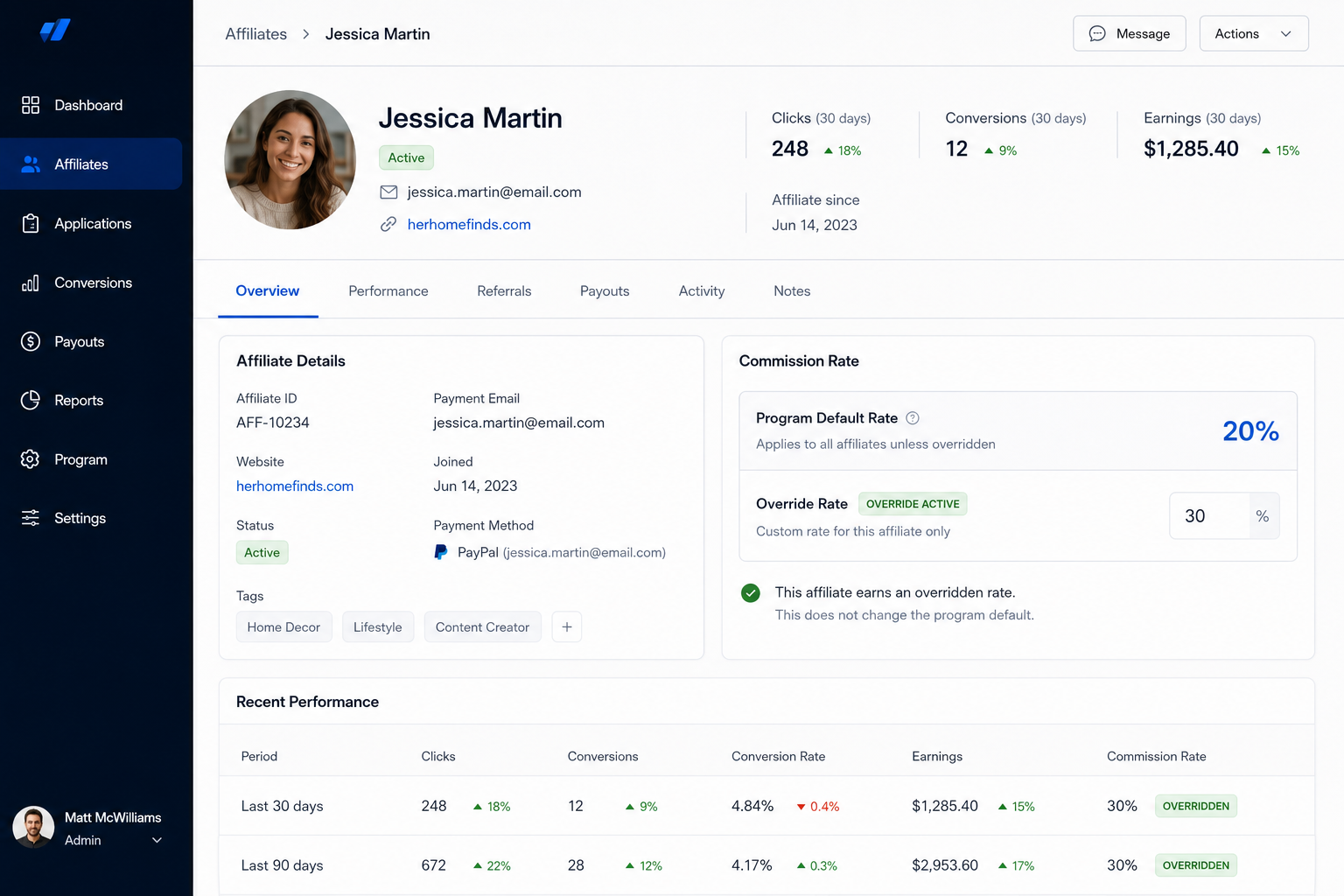 AffiliateHQ affiliate detail view showing a 30 percent per-affiliate commission override set against a 20 percent program default rate