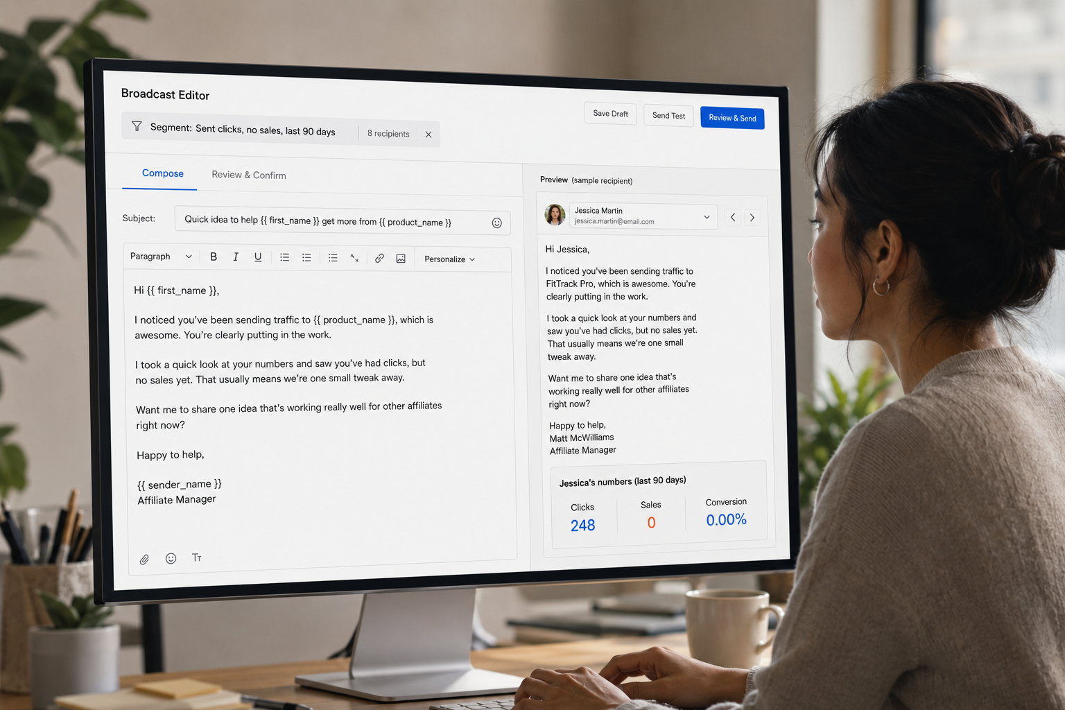 AffiliateHQ broadcast editor showing a filtered affiliate segment and merge tags pulling live click and sales stats into the email copy