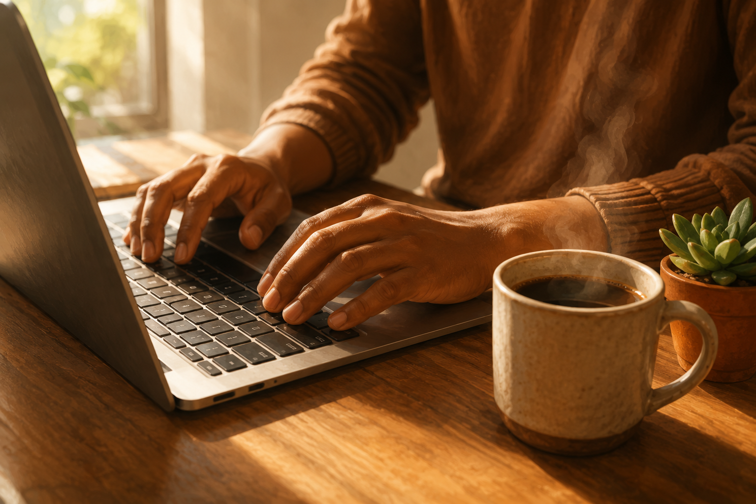 Close-up of a person's hands typing on a laptop keyboard with morning coffee steam visible nearby