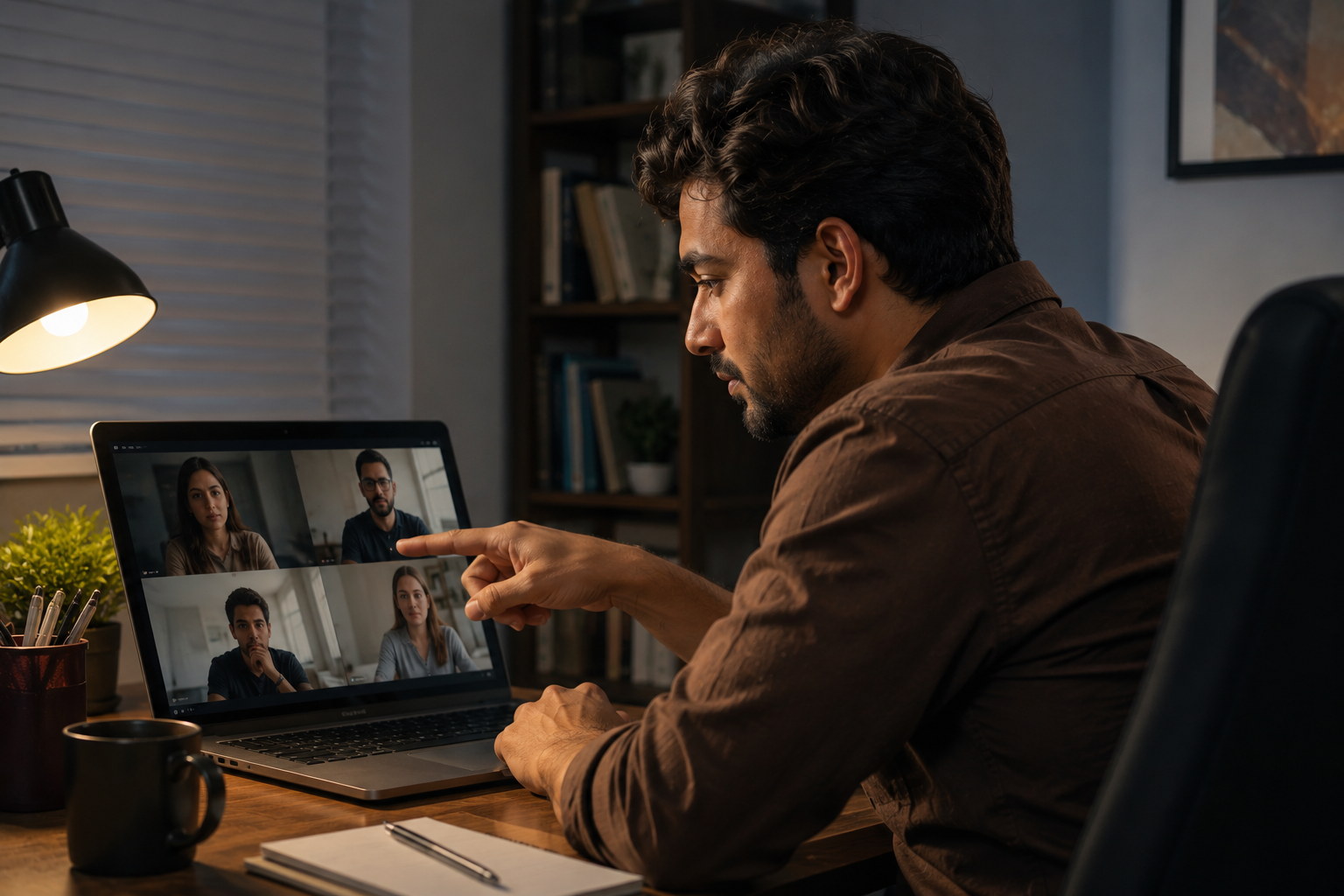 An affiliate manager on a video call with a worried expression pointing at a screen visible to their colleague