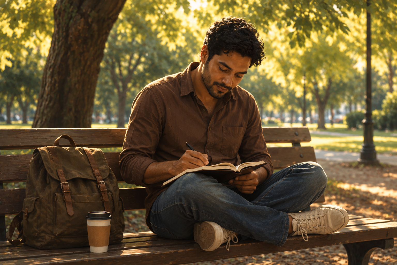 A relaxed person sitting on a sunny park bench writing in a notebook with a backpack beside them