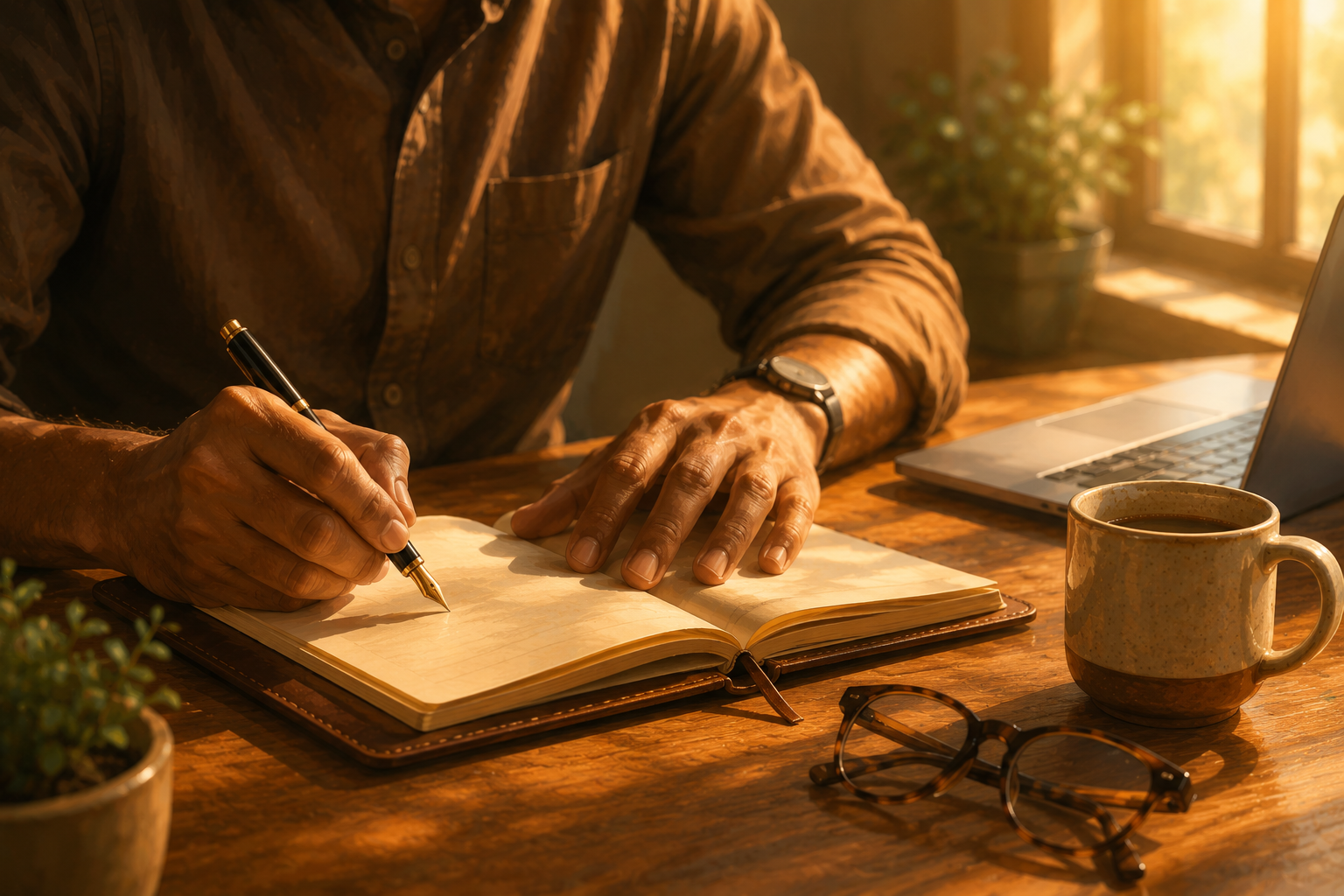 A close-up of an affiliate manager's hands writing in a leather notebook beside an open laptop on a wood desk with afternoon sun