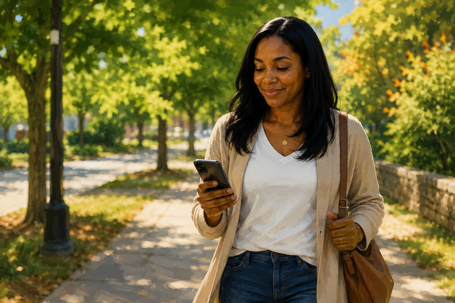 Author walking outdoors on a tree-lined path checking a phone with a small satisfied smile, bright daylight