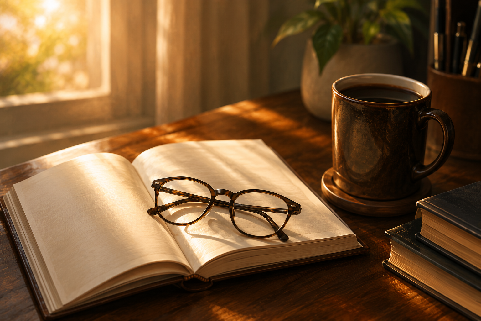 Close-up of a desk corner with a highlighted book, a coffee mug, and a pair of reading glasses in warm light