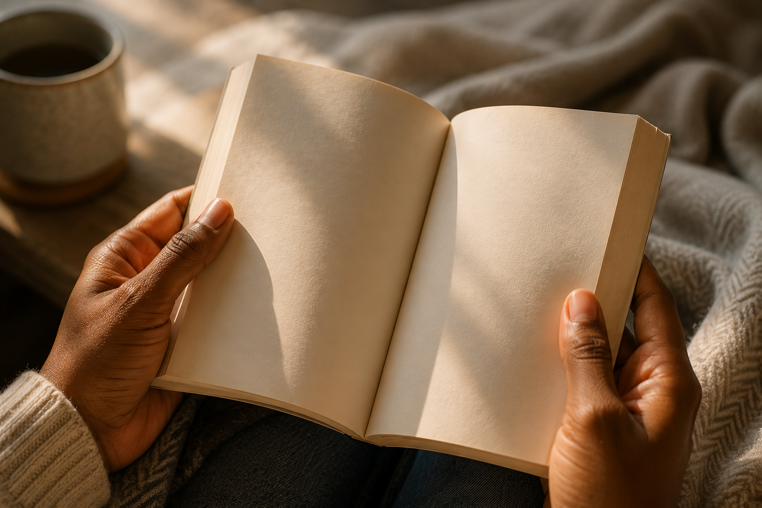 Close-up of hands holding an open paperback to its final pages, soft natural light across the paper