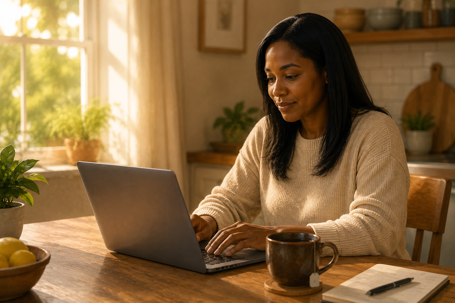 Writer composing on a laptop at a sunlit kitchen table, mug of tea beside the keyboard, relaxed posture