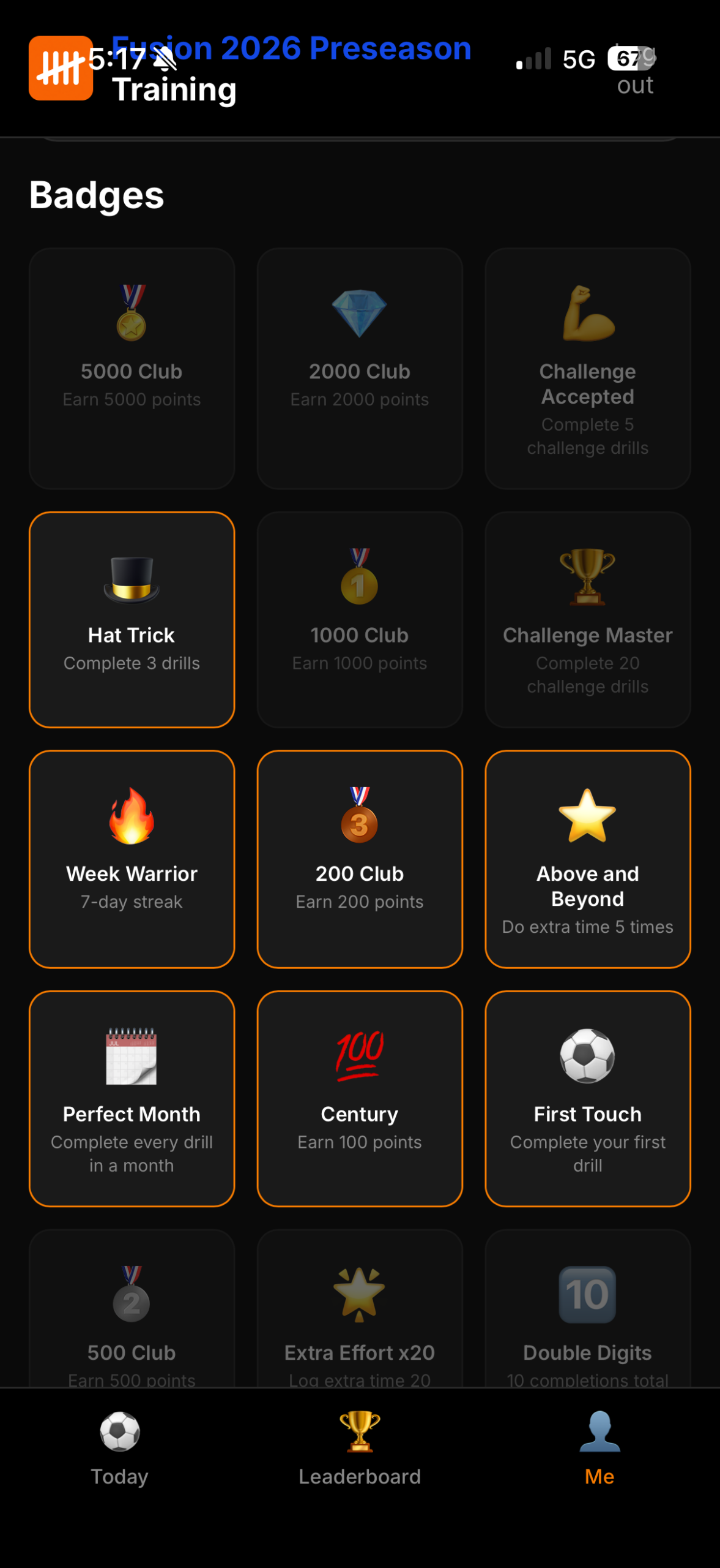 Train Daily player app, earned badges grid