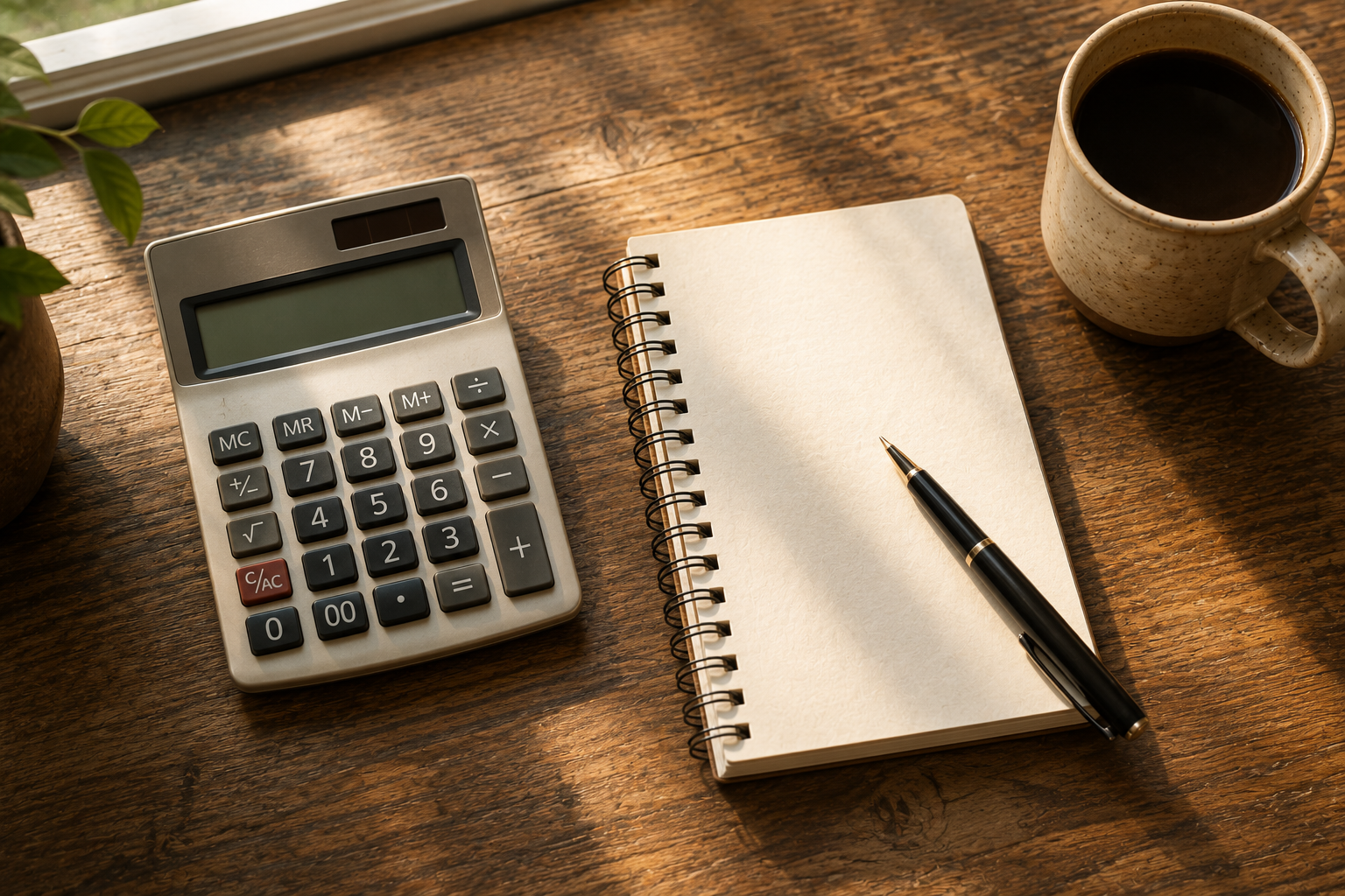 Calculator and notepad beside a window