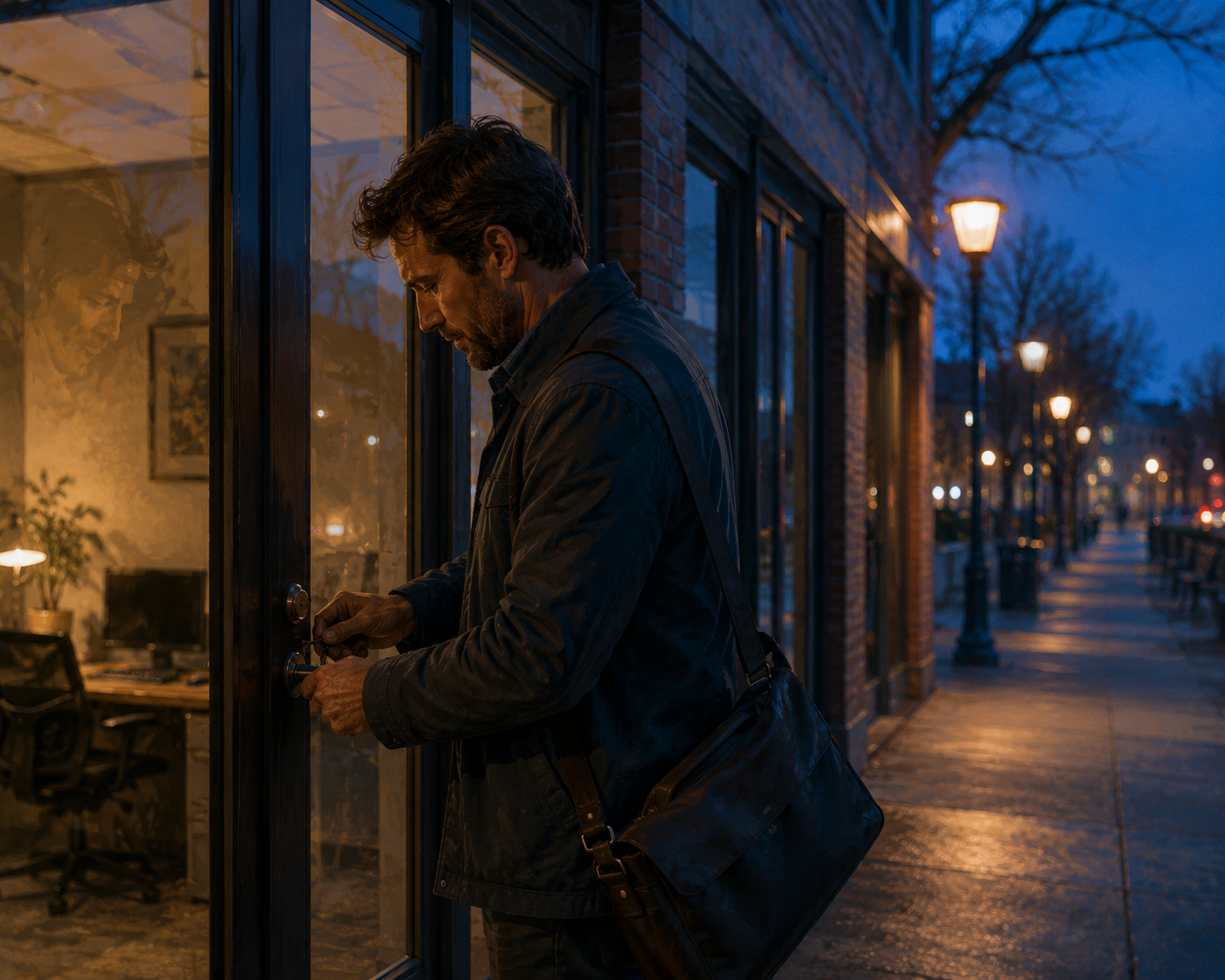 Coach locking up a small office at dusk