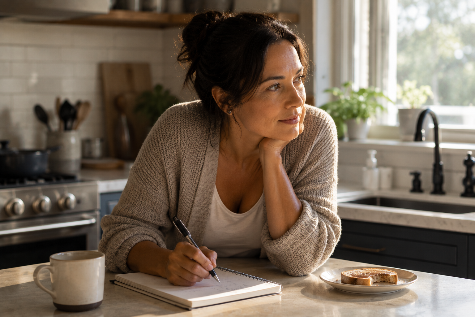 Consultant writing a note by hand at a kitchen counter