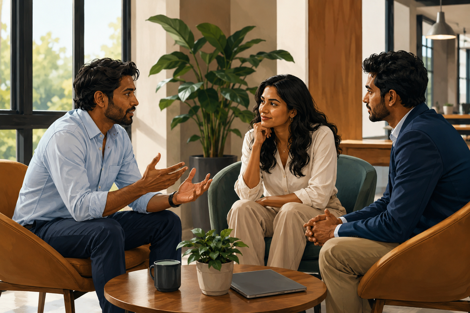 Three business owners in a relaxed meeting area, seated in low chairs around a coffee table, one gesturing while explaining something, engaged and collaborative, bright open space with plants visible in background