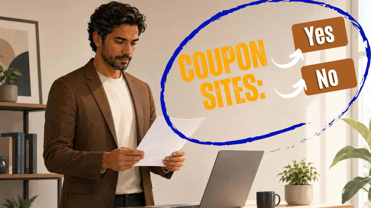 Business owner at a wide desk reviewing printed affiliate program reports, subject positioned on the left side with 35% open negative space on the right, soft neutral background, warm morning light