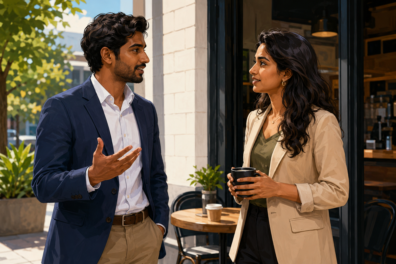 Two business colleagues in a casual conversation outside a coffee shop, one gesturing while talking, bright afternoon light, relaxed and engaged posture