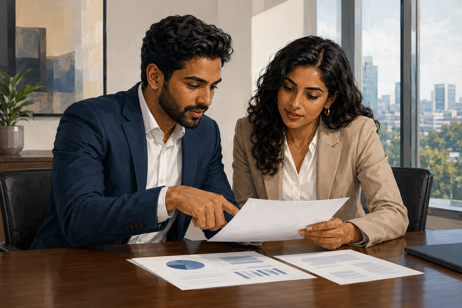 Two colleagues reviewing printed documents together at a conference table, one pointing to a clause in the document, professional setting with daylight from large windows, collaborative and focused