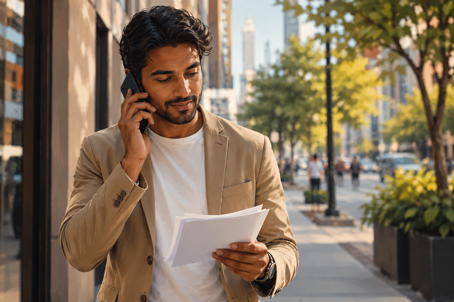 Business owner outdoors on a city sidewalk, phone held to ear, reviewing printed notes in the other hand, slightly blurred urban background, afternoon light, casual confident expression