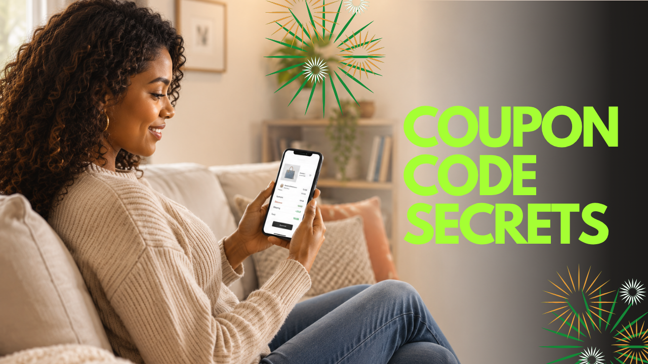 Affiliate marketer holding a phone showing a coupon code at a checkout screen