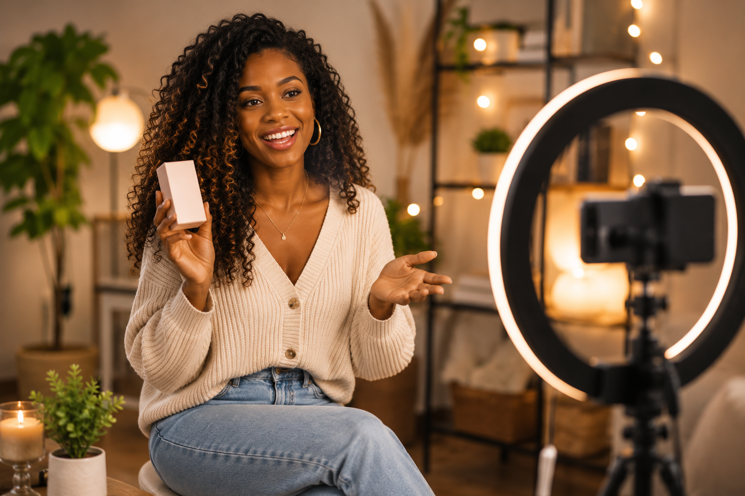 Content creator filming a product recommendation and mentioning a discount code