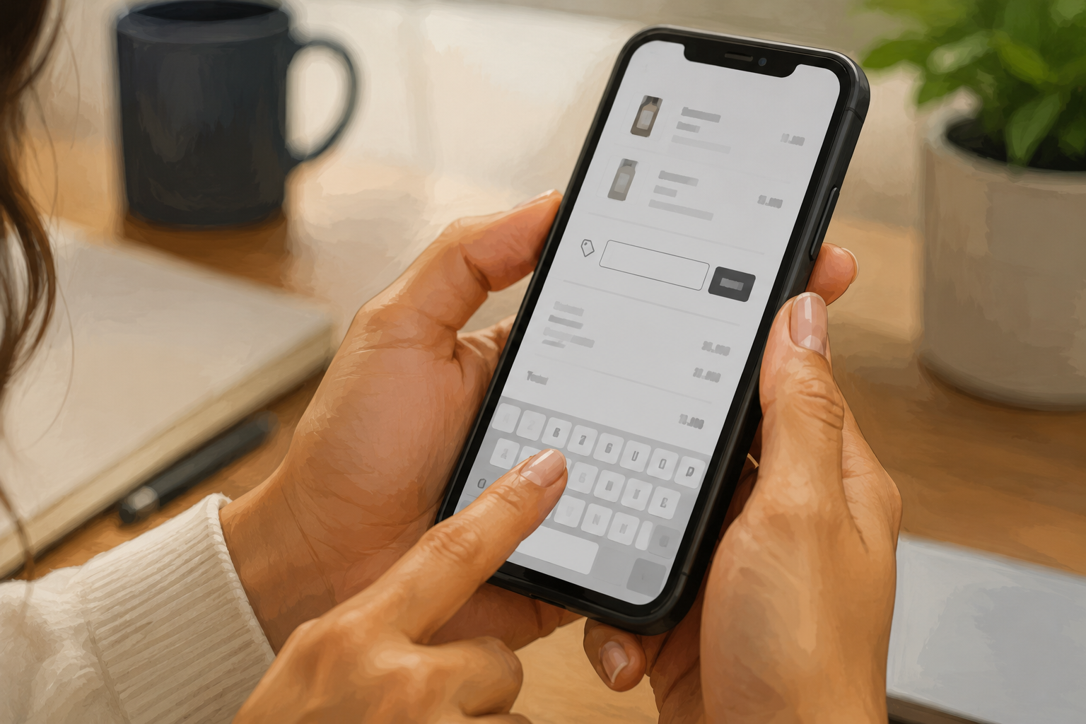 Close-up of hands typing a discount code into a checkout page on a phone