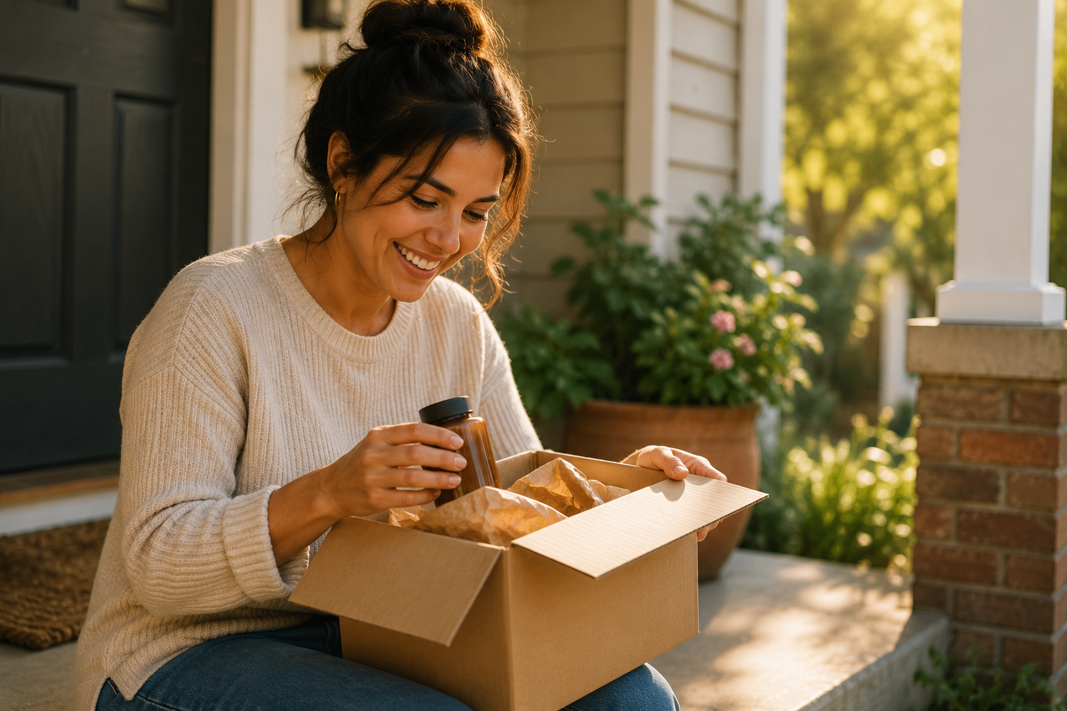 Customer opening a delivered package on their front porch, smiling at the product inside