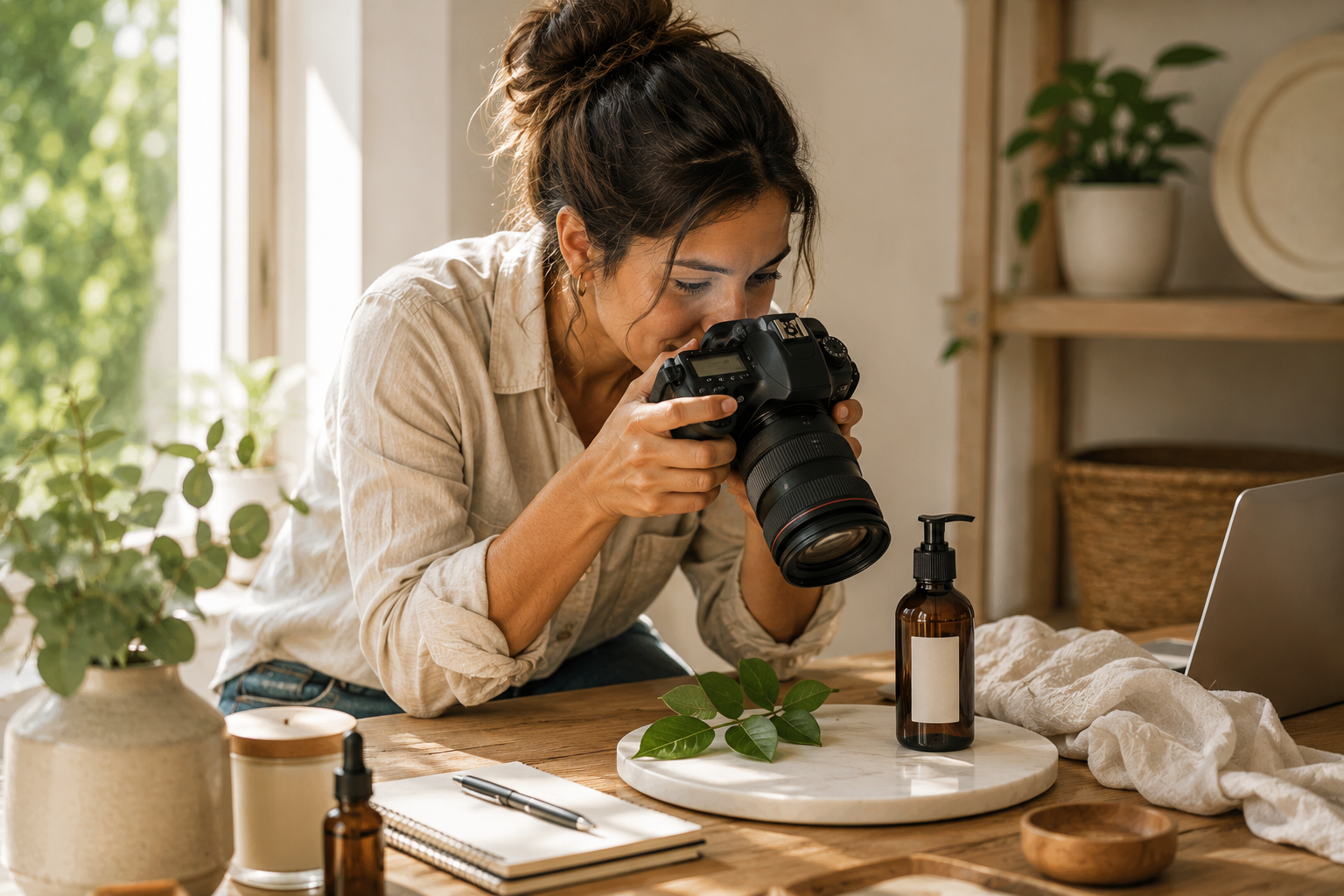 Blogger photographing a product on a styled table for a review post