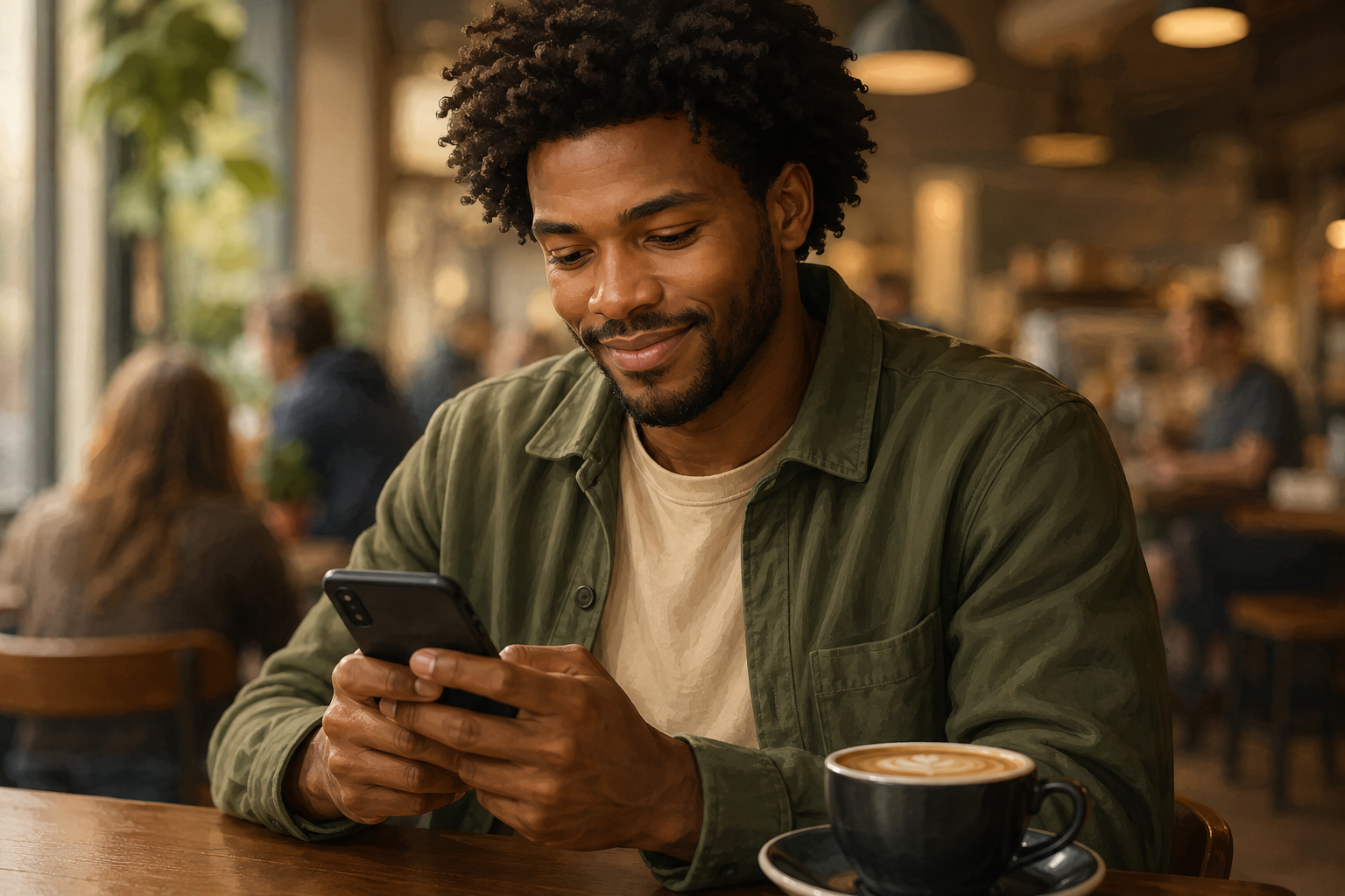 Person sitting in a coffee shop reading emails on a phone, smiling