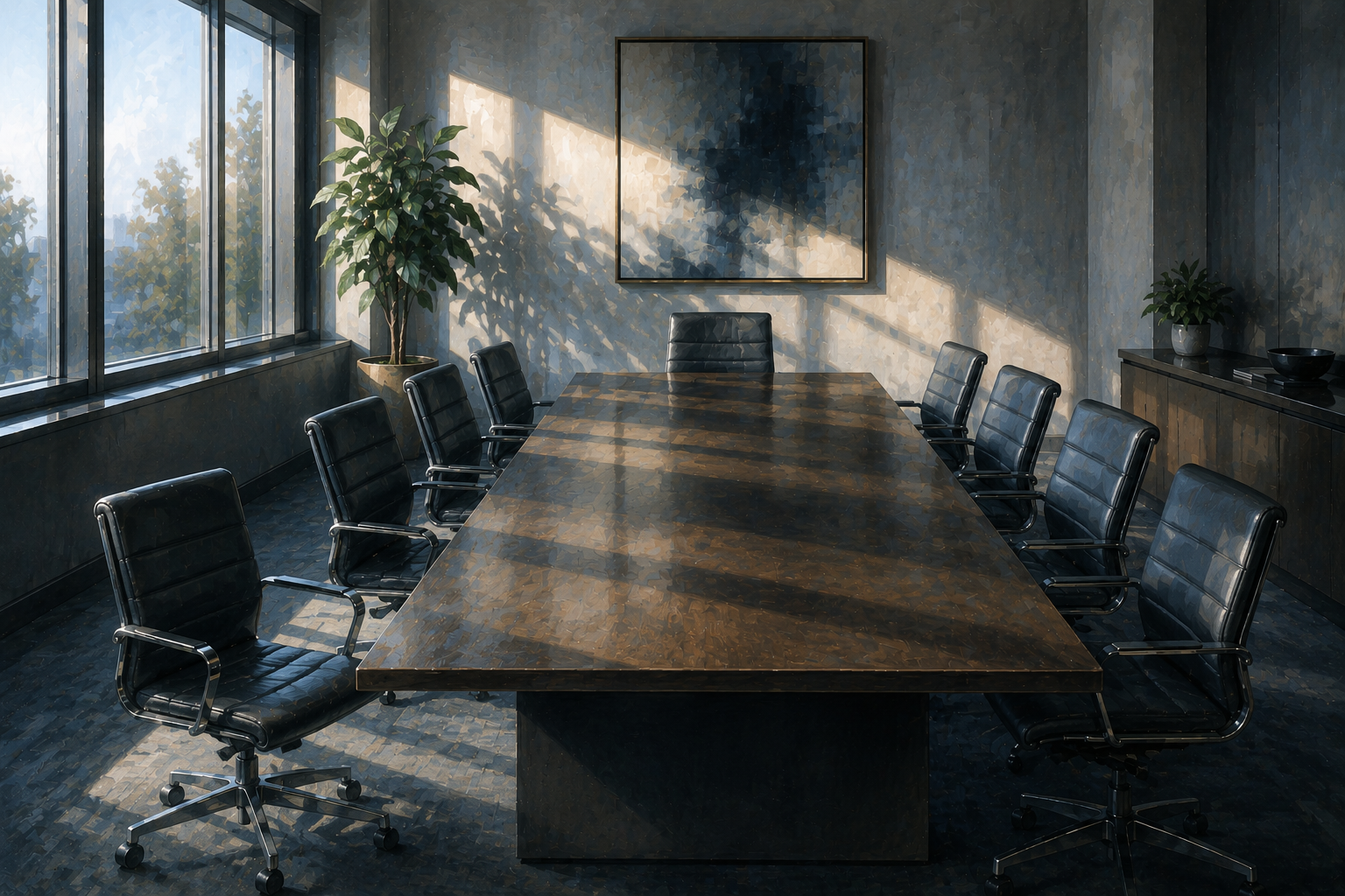 A row of empty chairs around a long table in a quiet meeting room, morning light across the surface