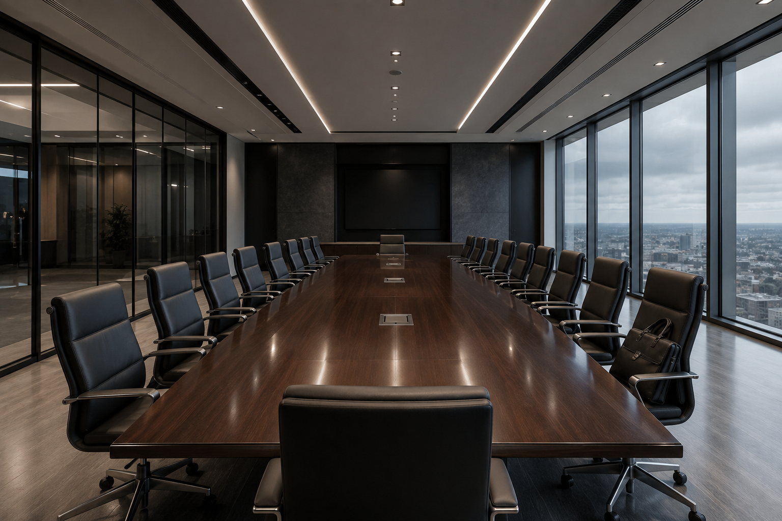 An oversized empty conference room with a long table