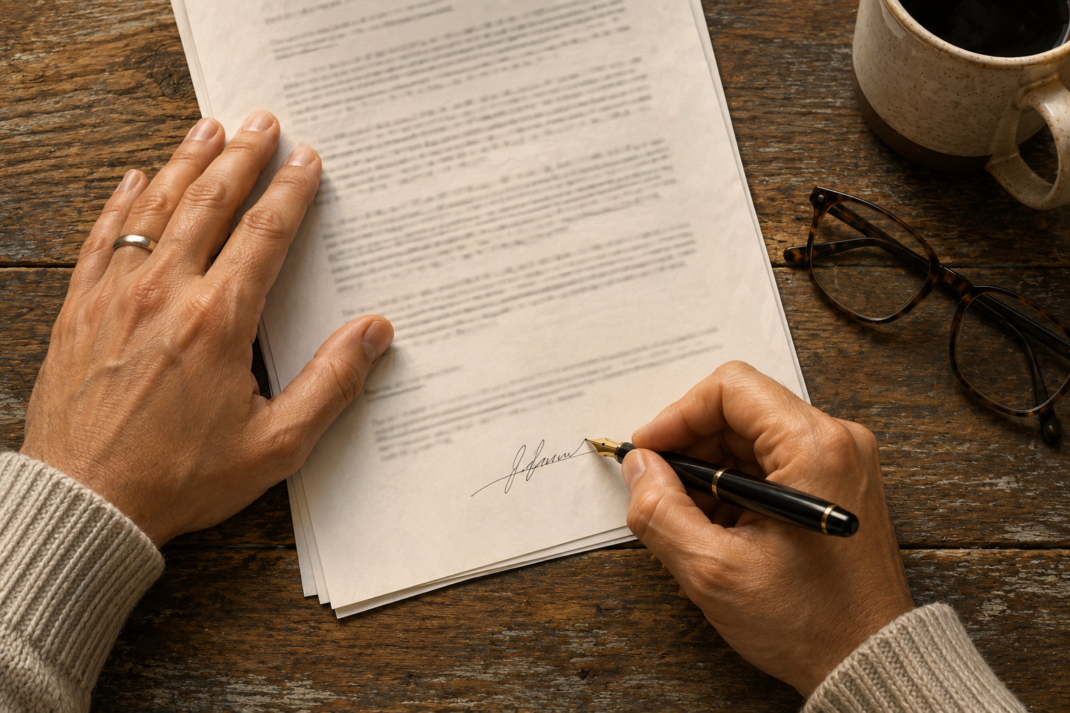 Hands signing a printed document on a wooden table