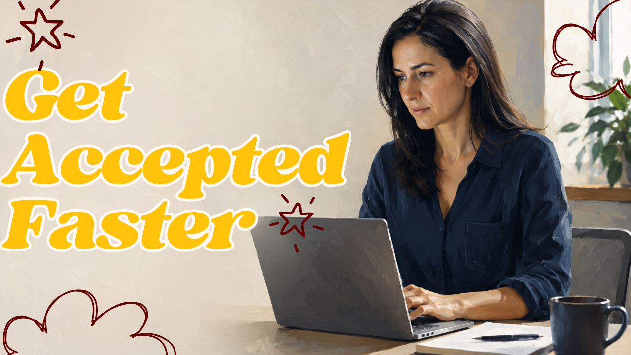 Affiliate marketer at a desk reviewing an application on a laptop, open space to the left