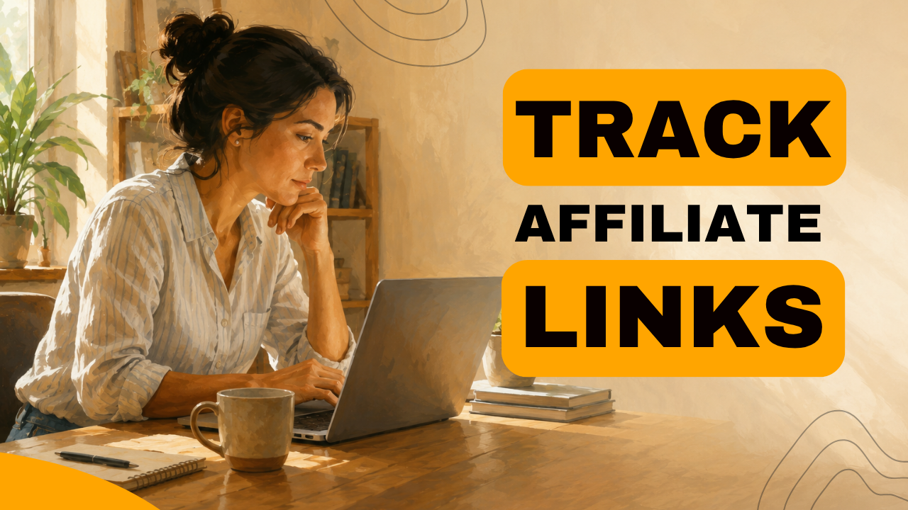Affiliate marketer at a desk reviewing a laptop screen, subject offset to the left with open negative space on the right side