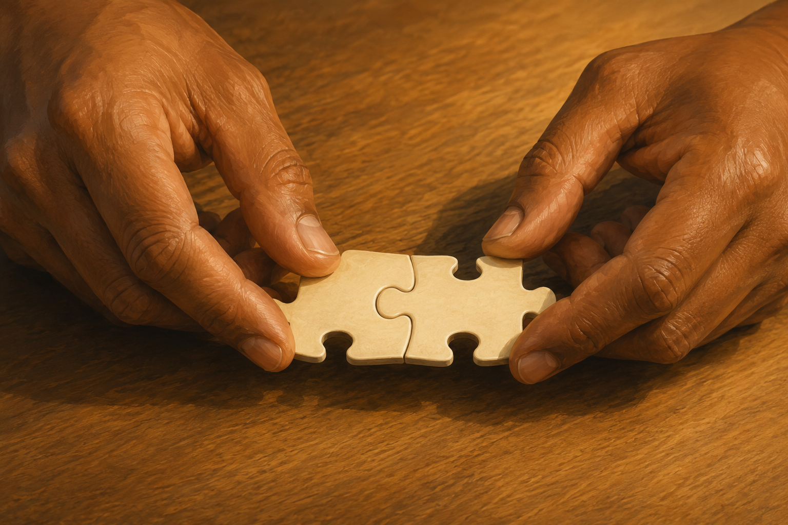 Two hands placing puzzle pieces together on a wooden table, fitting them perfectly