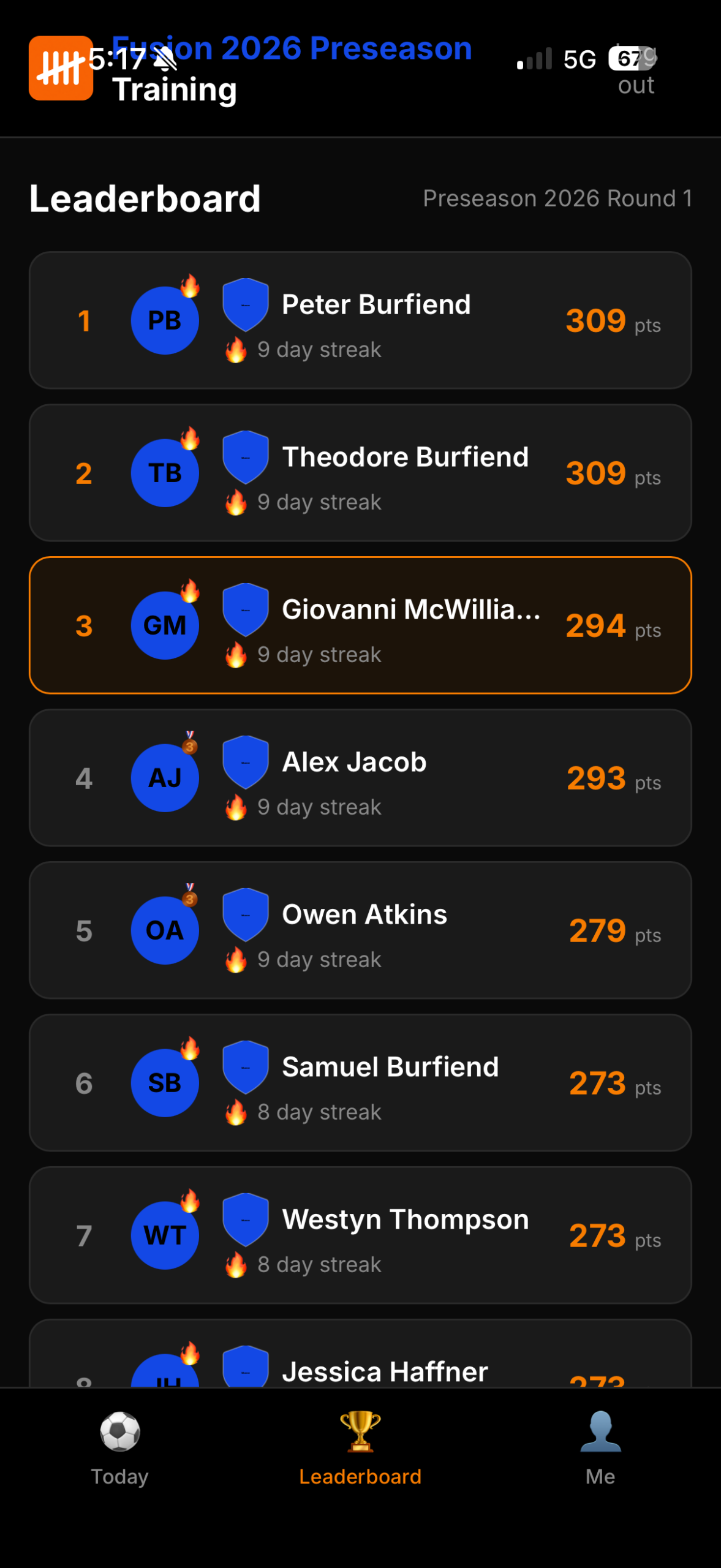 Train Daily player app, team leaderboard
