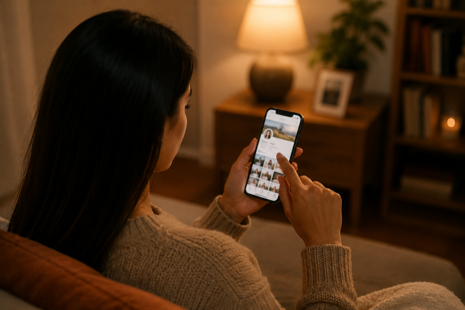 Person tapping their phone profile screen, shot over the shoulder in soft light