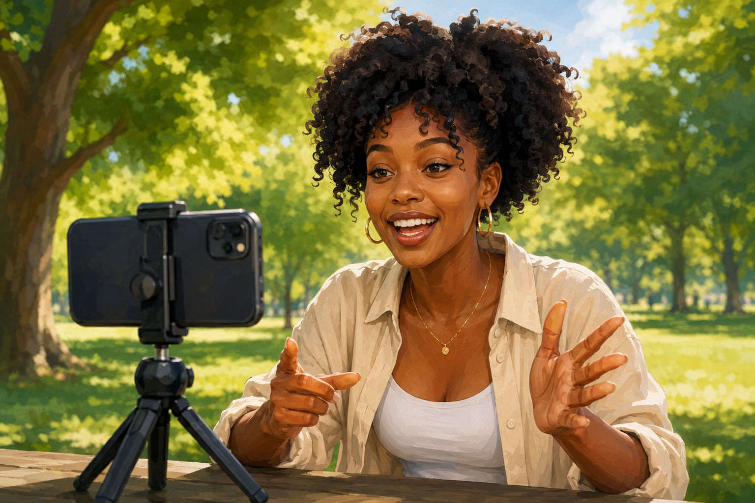 Person filming a short video outdoors in a park, holding a phone on a tripod